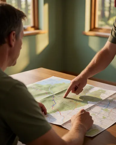 Two men analyze a topographic map with contour lines on a wooden table during sunset, planning a mountain bike training session.