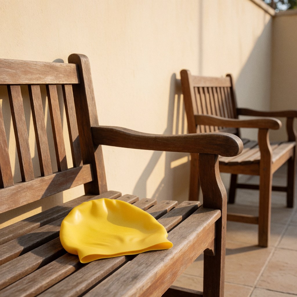 Yellow swimming cap resting on a wooden bench on a terrace with beige wall and afternoon light