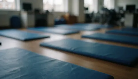Blue gymnastics mats placed on a wooden floor in a quiet gym setting, providing a calm and professional background for text.