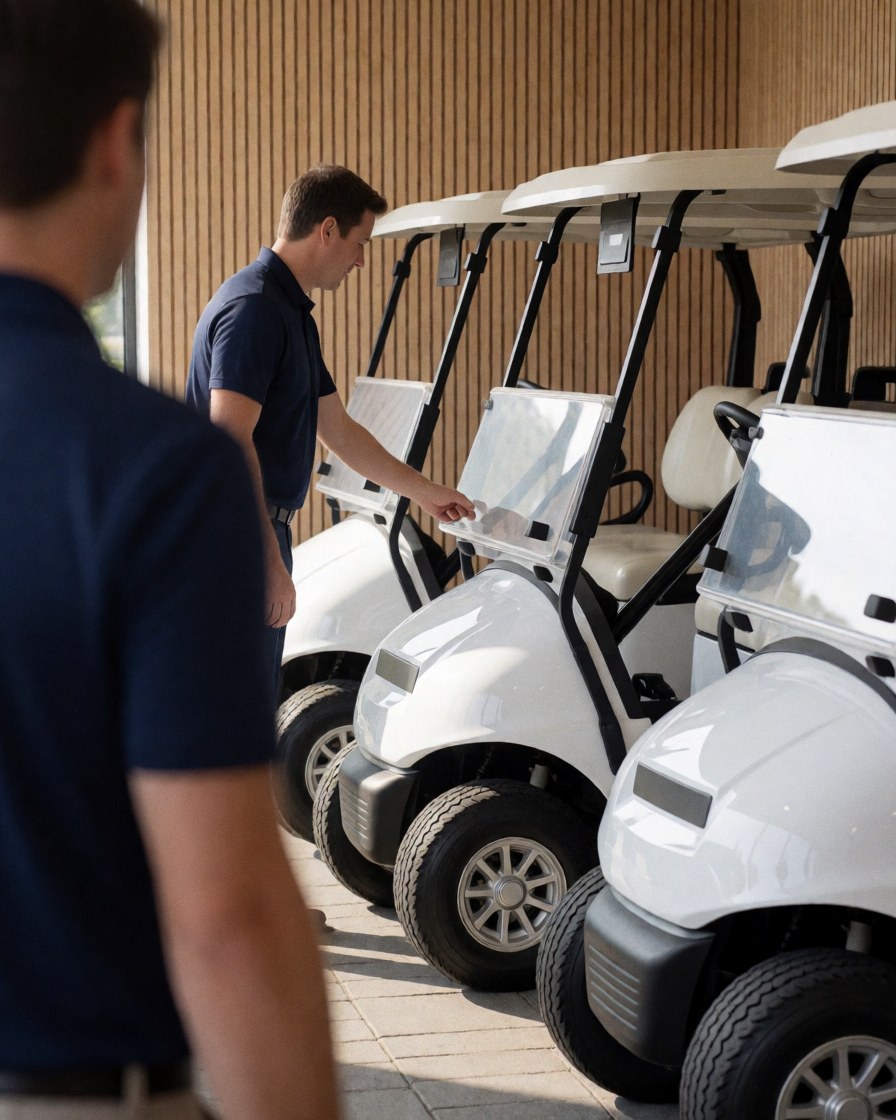 A golfer choosing a white golf cart from a row lined with wooden walls under morning light at a golf course