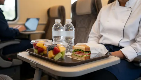 A meal tray containing a sandwich, fresh fruit, and water is being served on a tour bus by a staff member in uniform.