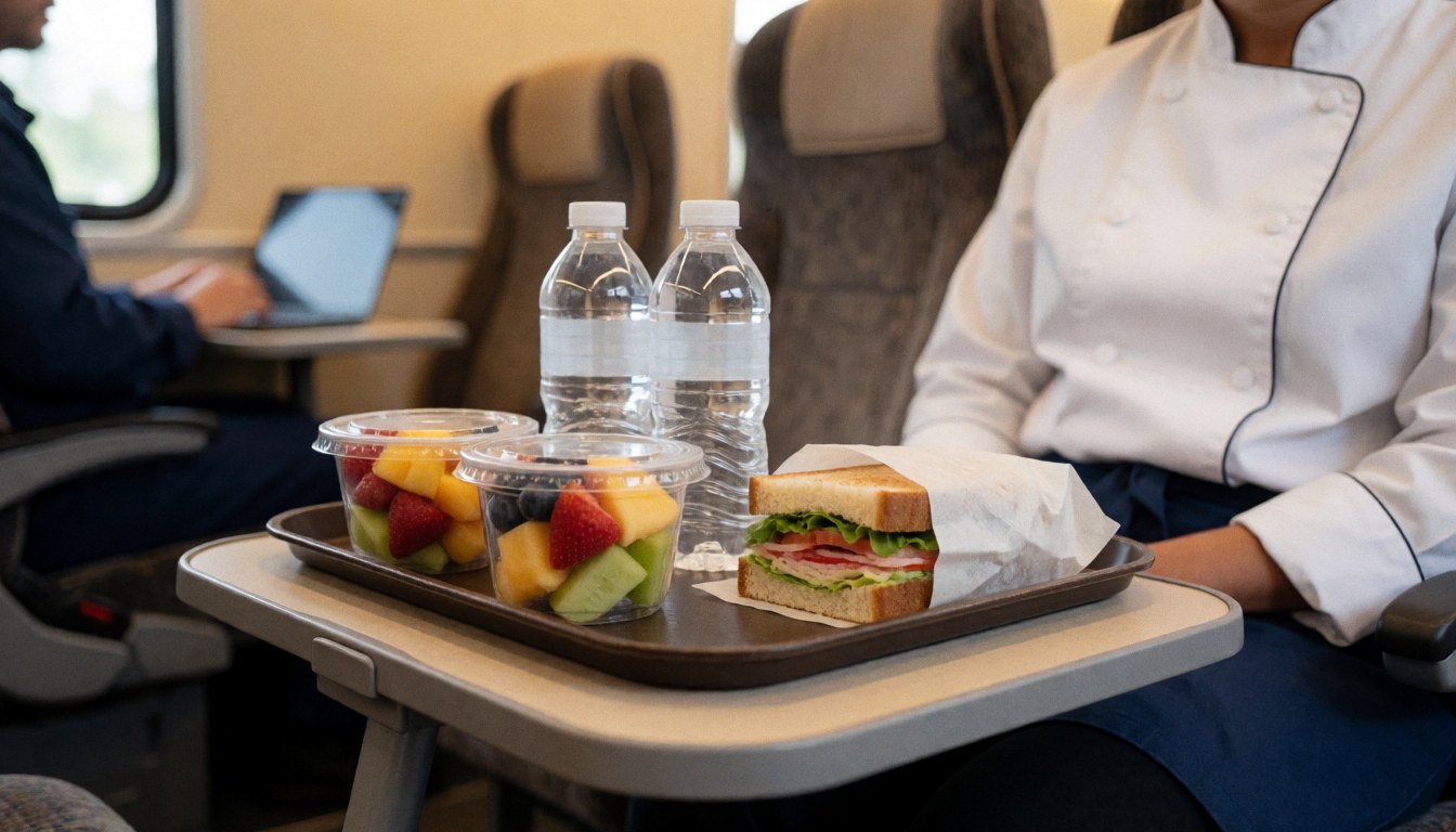 A meal tray containing a sandwich, fresh fruit, and water is being served on a tour bus by a staff member in uniform.