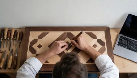 Close-up of hands carving wood with tools and a laptop nearby
