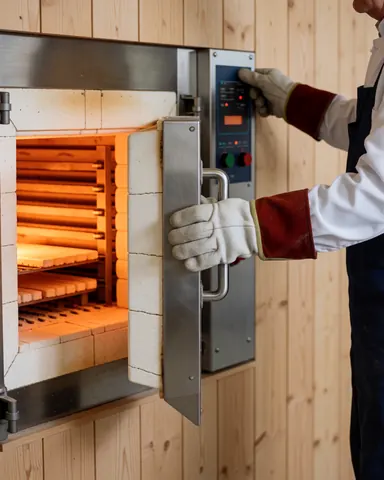 Technician wearing protective gloves opening a ceramic kiln revealing racks of baked pottery inside a workshop with light wood walls and a digital controller.