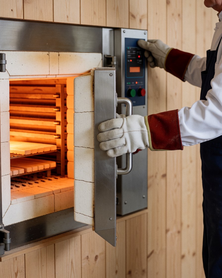 Technician wearing protective gloves opening a ceramic kiln revealing racks of baked pottery inside a workshop with light wood walls and a digital controller.