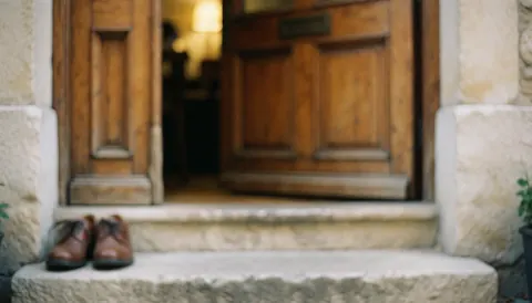 A pair of leather shoes resting on stone steps in front of a wooden door with warm lighting, creating a cozy entrance.