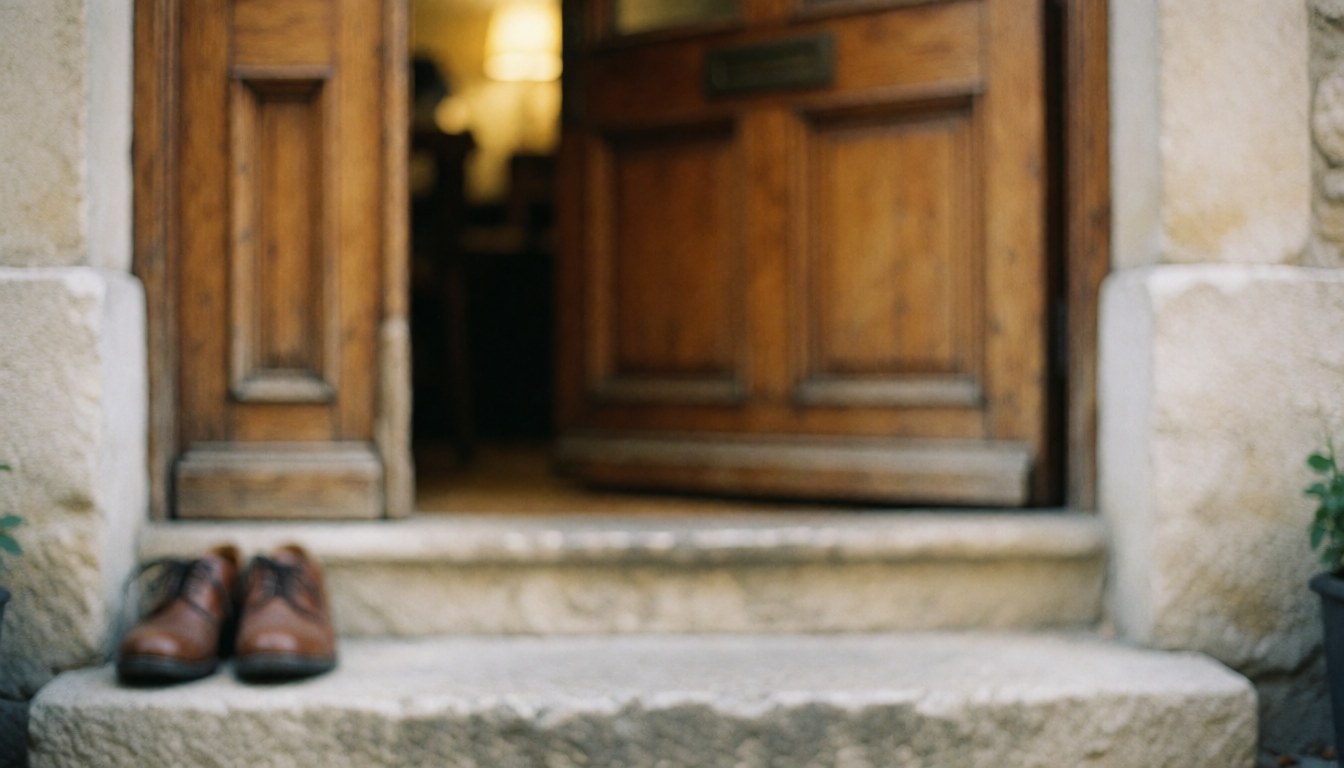 A pair of leather shoes resting on stone steps in front of a wooden door with warm lighting, creating a cozy entrance.