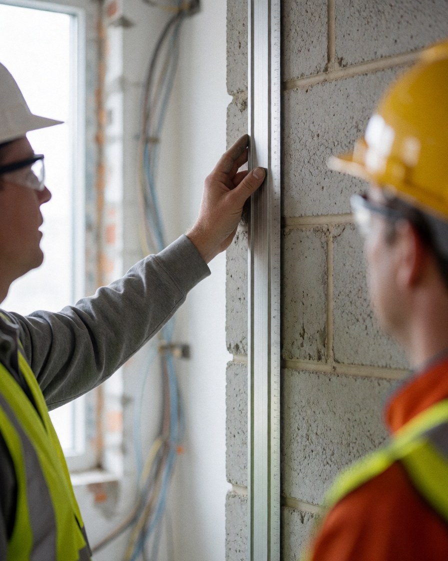 Two masons measuring a concrete block wall with a metal straight edge while wearing hard hats and reflective vests on an indoor construction site.