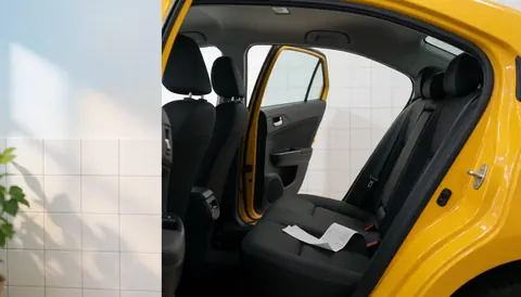 Interior view of a yellow taxi showing black seats, white tiled walls, soft natural light, and a receipt resting on the rear seat