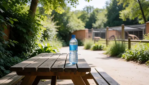 Blue water bottle on a picnic table at a zoo with enclosures and lush vegetation in the background