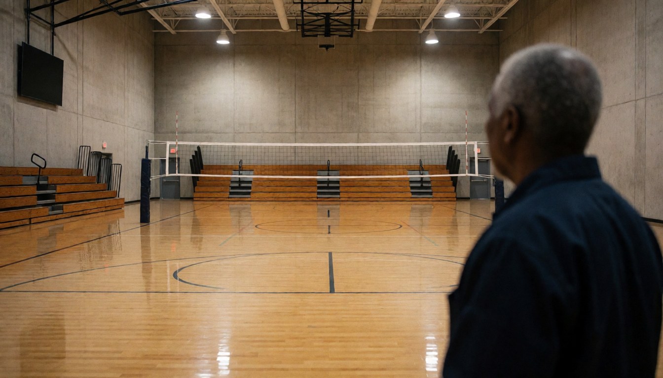 Volleyball coach observing the wooden court with net and benches under warm lighting and concrete walls