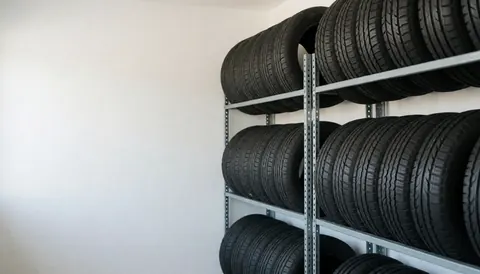 Metal racks holding new tires in a warehouse with white walls and natural lighting, suitable for a tire repair business storefront or interior.