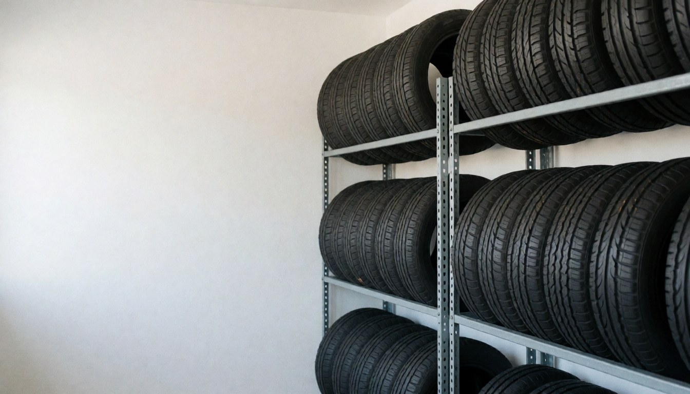 Metal racks holding new tires in a warehouse with white walls and natural lighting, suitable for a tire repair business storefront or interior.