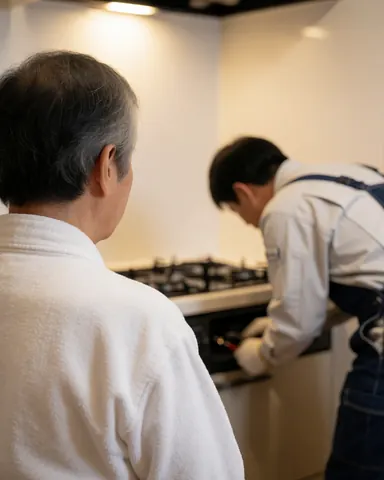 A technician in uniform repairing a gas stove in a kitchen while a customer watches closely.