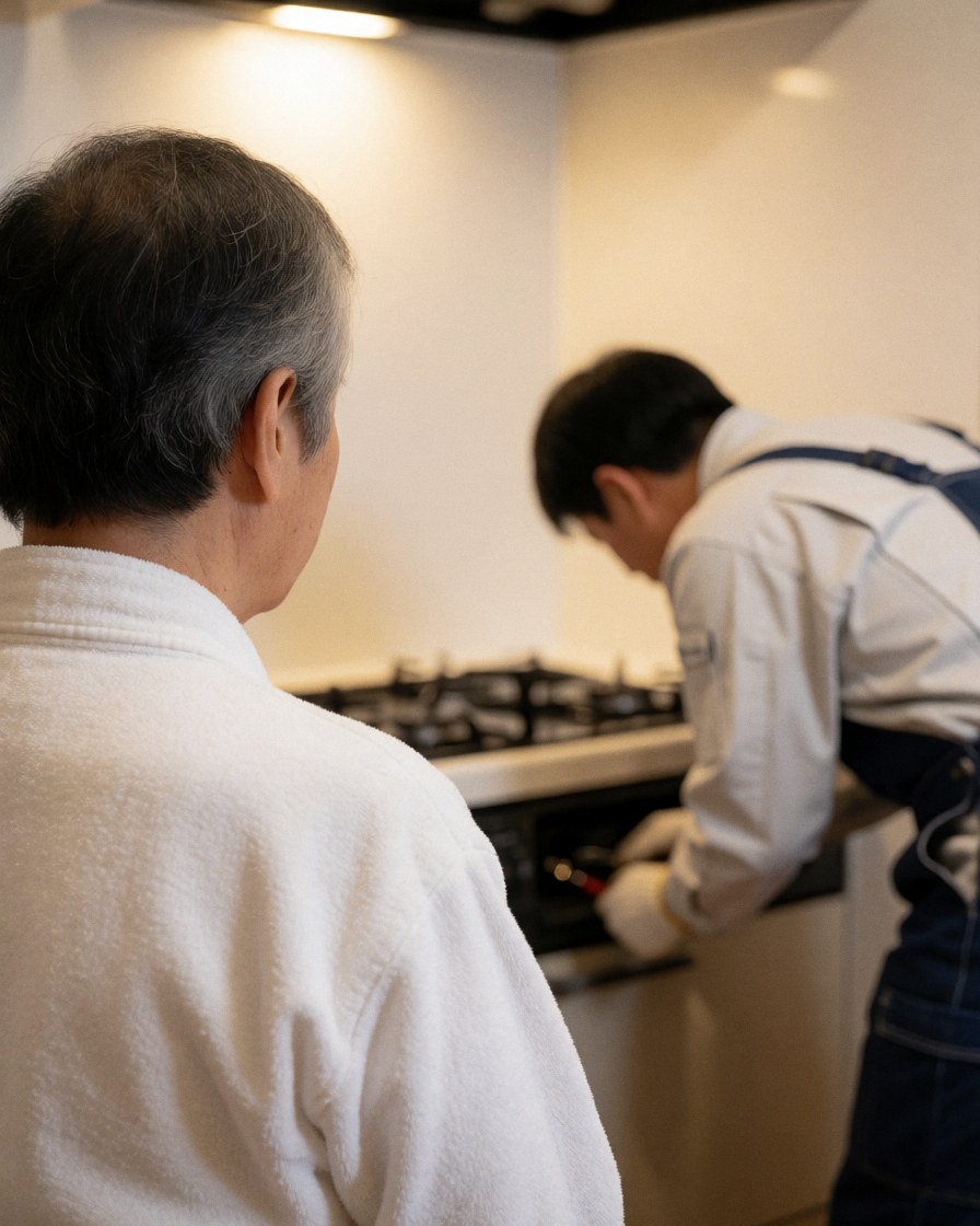 A technician in uniform repairing a gas stove in a kitchen while a customer watches closely.