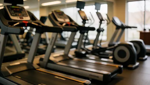 Out-of-focus cardio machines in a gym with rubber flooring and warm lighting, suitable for text overlay