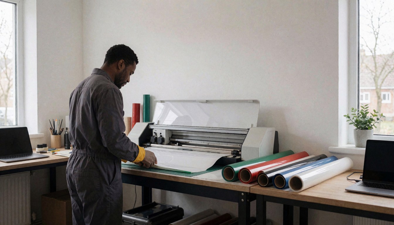 A printer places vinyl on a cutting machine in a modern workshop with colorful rolls and natural light.