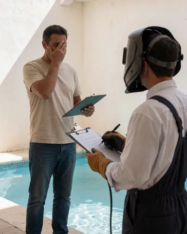 A pool technician wearing a hard hat discusses project details with a client holding a clipboard near a blue pool with white walls.