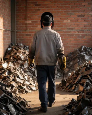 Worker wearing a welding helmet walking between piles of crushed metal in a workshop with red brick walls under sunset light.