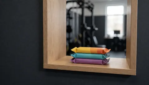 Three colorful protein bars arranged on a wooden shelf inside a gym with charcoal gray walls and fitness equipment in the background.