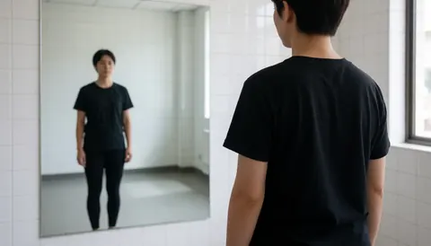 Person standing with back to camera facing a large mirror in a tiled rehearsal room with natural light