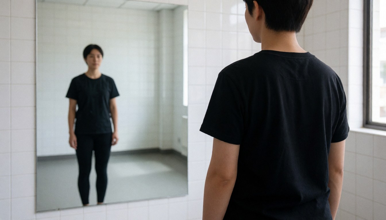 Person standing with back to camera facing a large mirror in a tiled rehearsal room with natural light