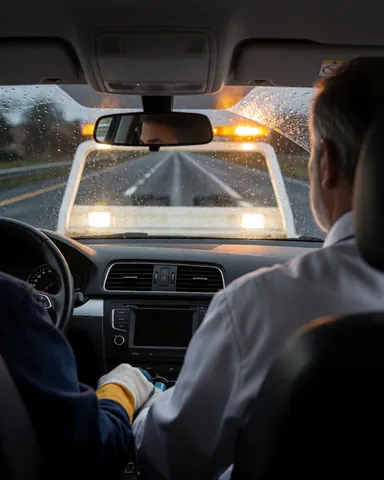 View from inside a car being towed, showing the driver and tow truck on a wet road under emergency lights