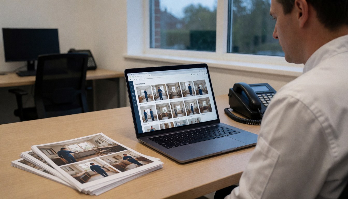 Event photographer reviewing digital album on laptop with printed photos in an office with natural light from the window