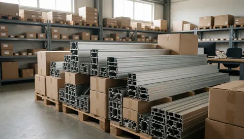 Stacks of aluminum profiles and cardboard boxes on industrial shelves in a warehouse, suitable as a background for window installation text.
