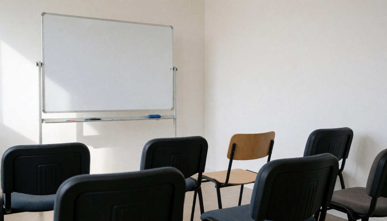Empty writing room featuring chairs and a whiteboard, suitable for a writing school website cover.