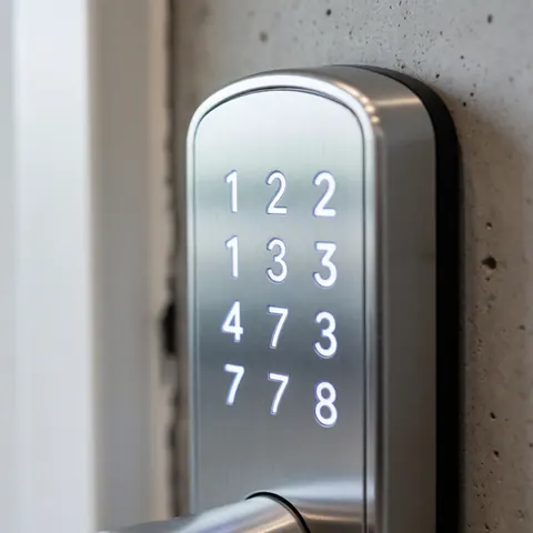 Metal electronic lock with illuminated numeric keypad installed on polished concrete wall, showcasing security technology for business use