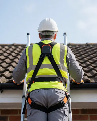 Antenna technician wearing a white helmet and safety harness working on a residential shingle roof under a clear sky.