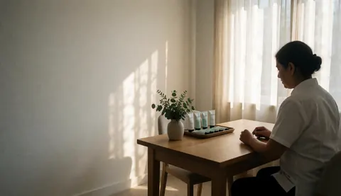 A woman in a treatment room with cream tubes and plants, natural light through curtains, serene and professional atmosphere for holistic care.