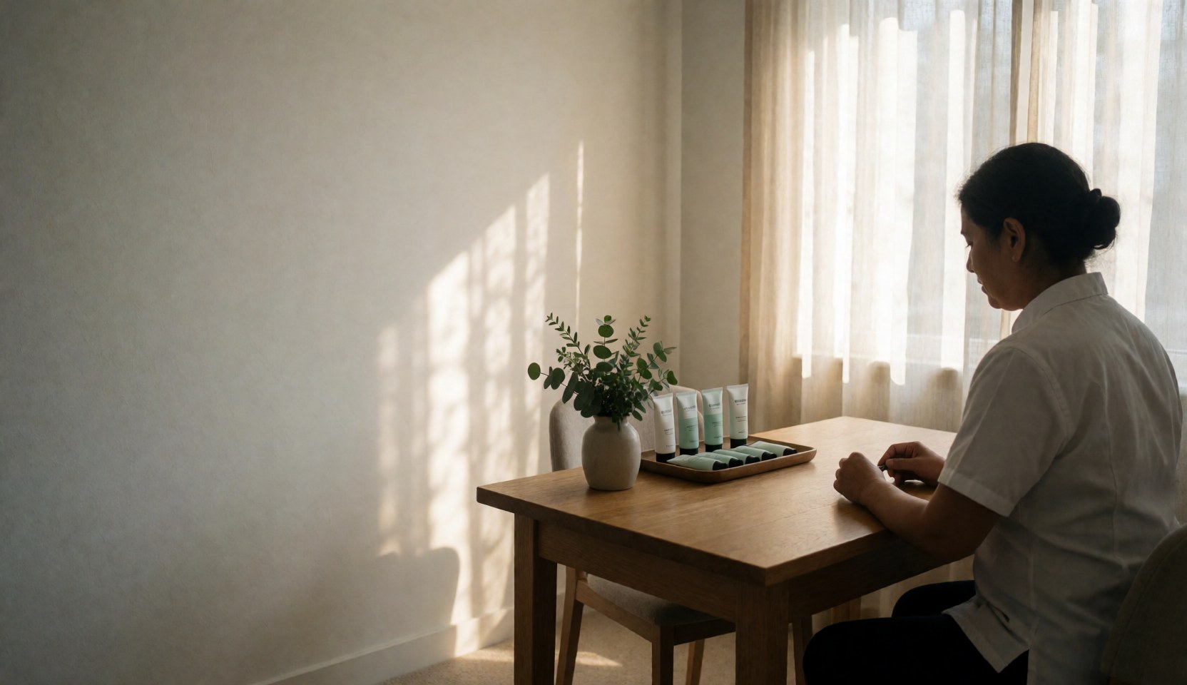 A woman in a treatment room with cream tubes and plants, natural light through curtains, serene and professional atmosphere for holistic care.