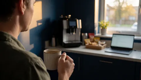 Student holding coffee and looking at laptop in blue-walled cafe with sunset light