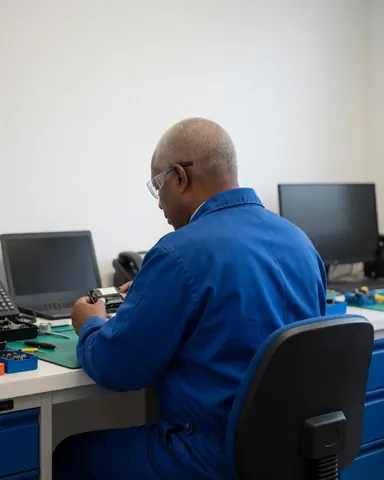 Technician wearing safety glasses repairing an electronic component on a workbench with tools and laptop in an appliance repair shop