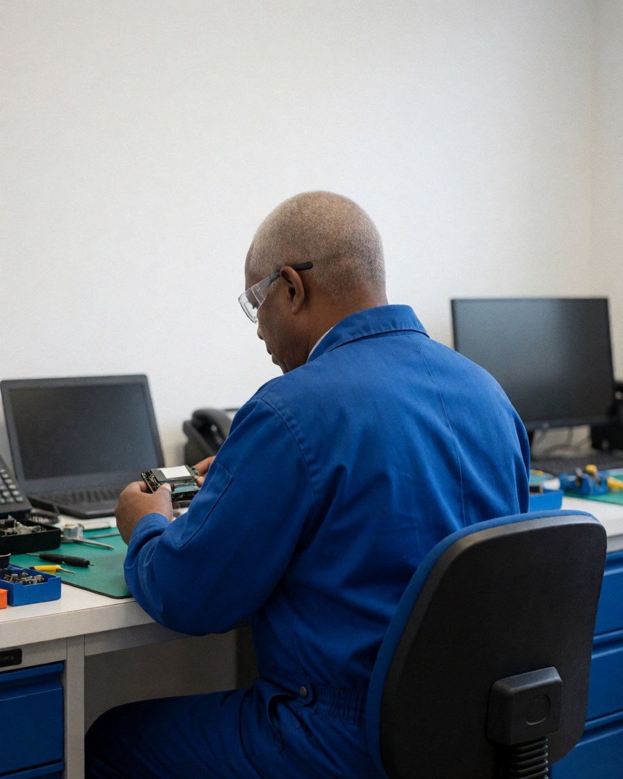 Technician wearing safety glasses repairing an electronic component on a workbench with tools and laptop in an appliance repair shop