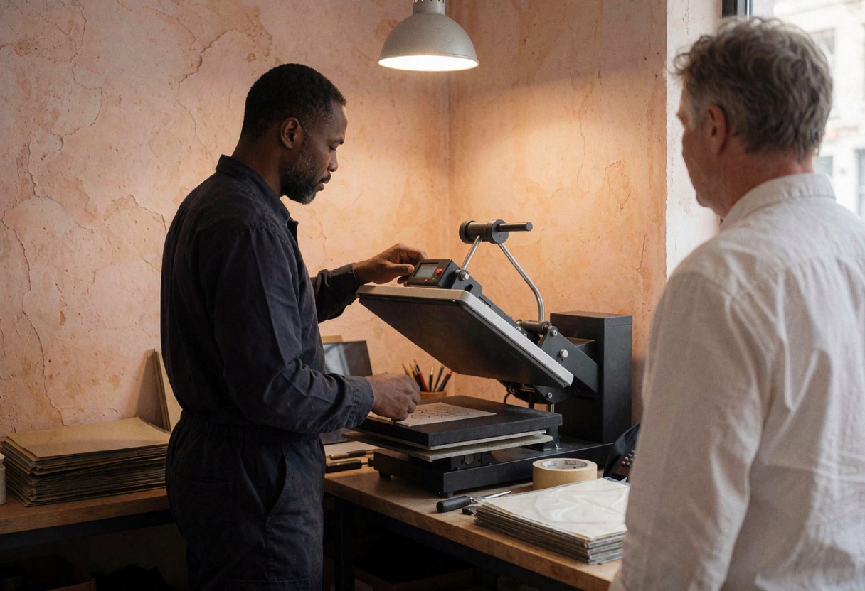 Technician adjusting timer on heat press while customizing apparel, with a client observing nearby in a workshop setting with terracotta walls and warm overhead lighting