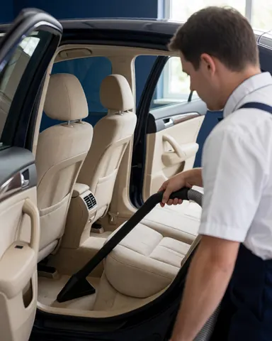 A professional worker in uniform uses a black hose to vacuum the beige floor of a car against a dark blue wall during a vehicle wash service.