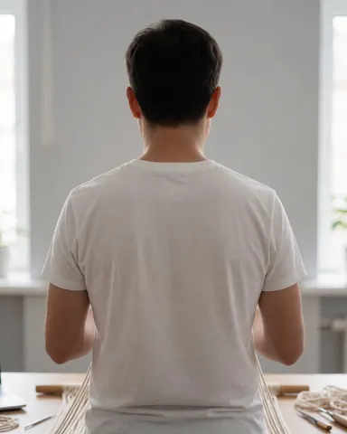 Back view of a macrame instructor holding cords during a workshop with gray walls and natural light