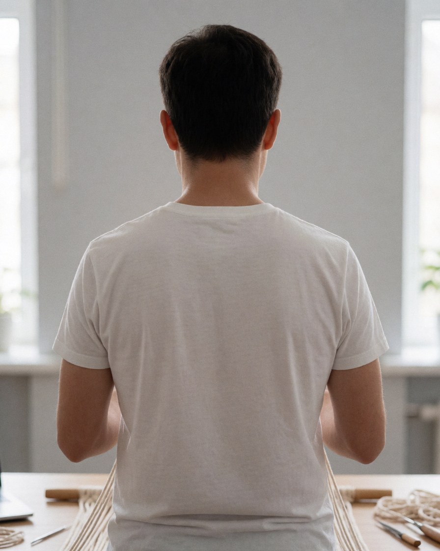 Back view of a macrame instructor holding cords during a workshop with gray walls and natural light