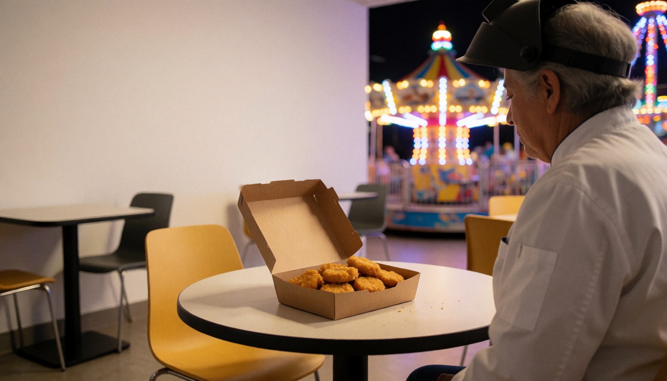 A box of nuggets sits on a round table with blurred amusement park lights in the background, creating a fun dining atmosphere.