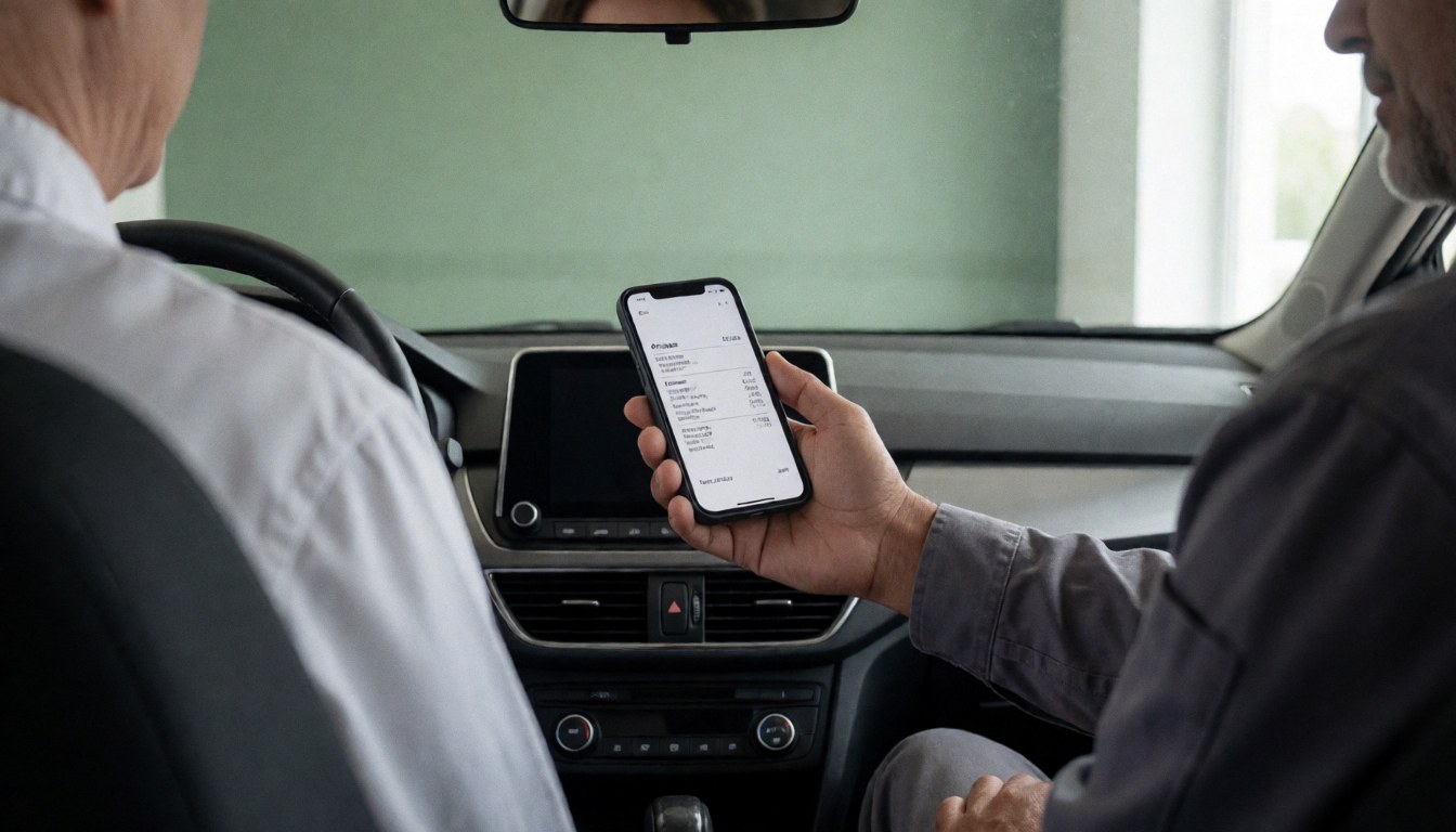 Driver displays a digital invoice on a smartphone screen to a passenger inside a clean, modern vehicle with a green wall background.