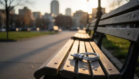 A coiled bicycle cable lock resting on a wooden park bench during a city sunset with long shadows and an orange sky