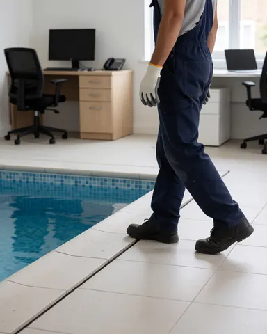 A person walking along the tiled edge of a swimming pool, showcasing the finished installation work and clean water surface.