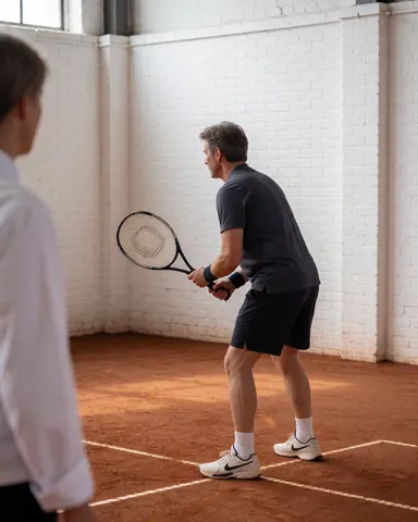 Tennis instructor on a red clay court with white brick walls, wearing athletic shoes and holding a racket, ready to serve.