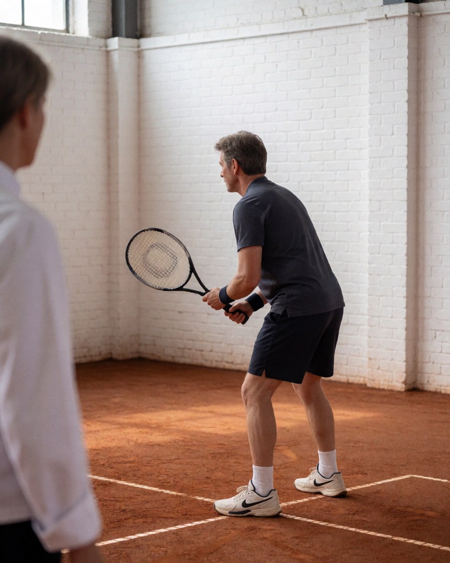 Tennis instructor on a red clay court with white brick walls, wearing athletic shoes and holding a racket, ready to serve.