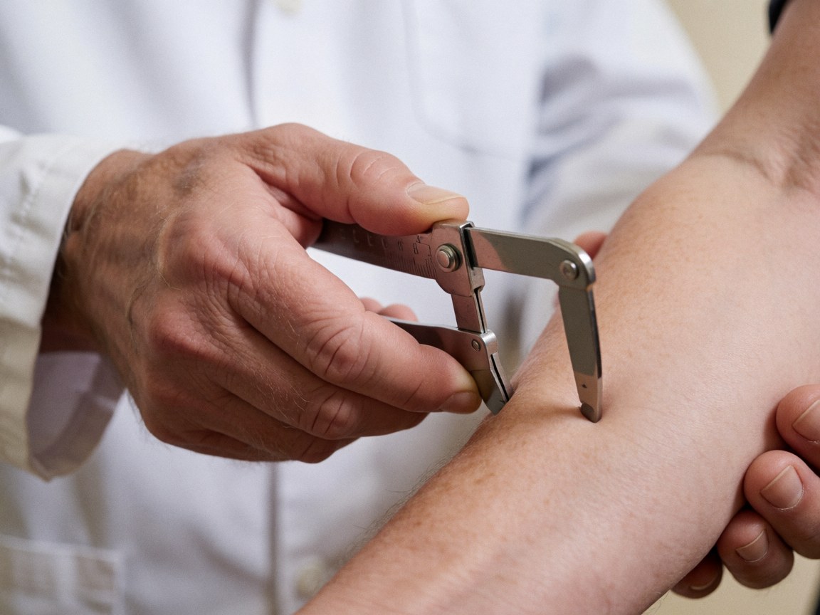Close-up of a personal trainer using a body fat caliper on a client's arm against a white and beige background
