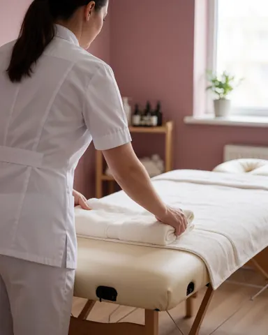 Therapist placing white towels on a massage table in a spa with pink walls and natural light