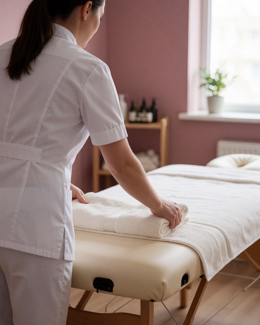 Therapist placing white towels on a massage table in a spa with pink walls and natural light